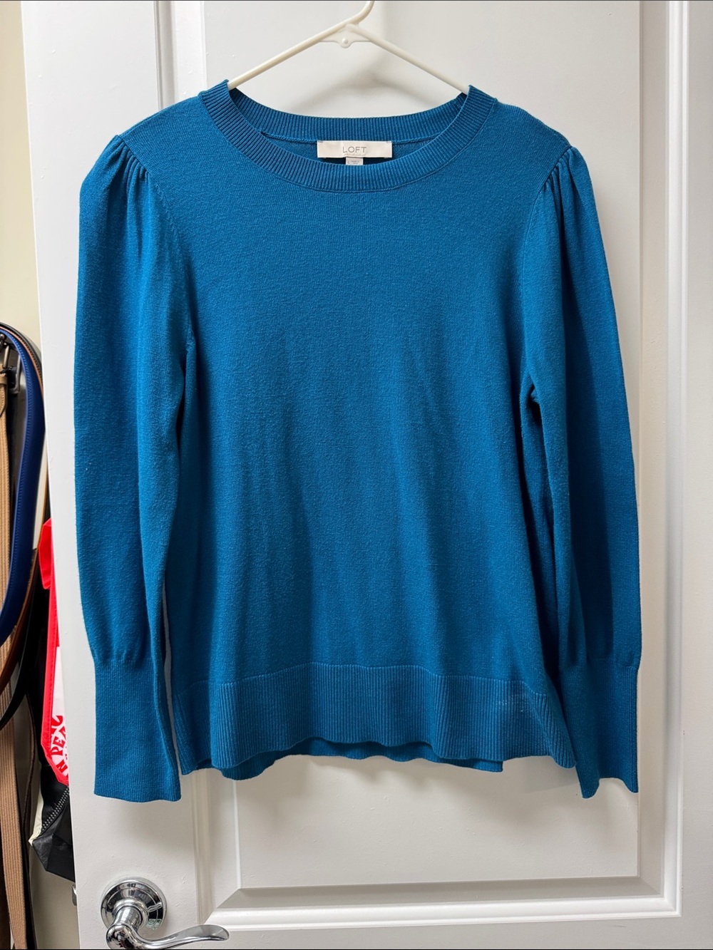 LOFT Teal Crewneck Sweater with Subtle Puff Shoulders
